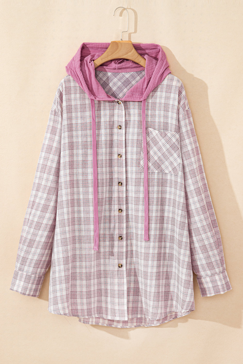 Bonbon Plaid Print Drawstring Hooded Plus Size Shacket
