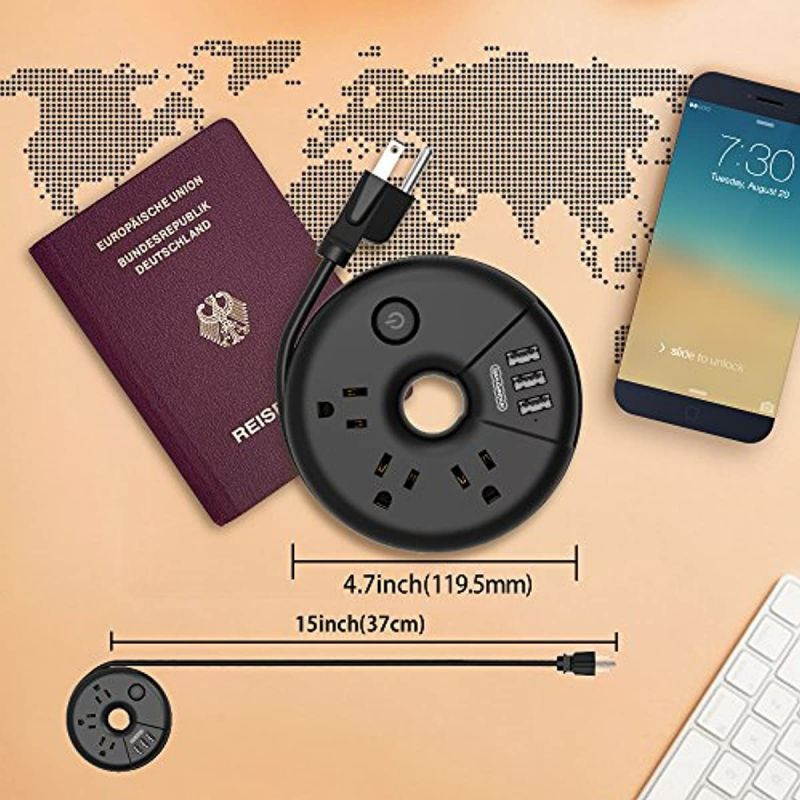 Travel Power Strip, NTONPOWER Portable Charging Station 3 USB Without Surge Protector Short Extension Cord 15 inch Compact for Home, Office, Cruise Ships, Business Trip, Hotels - Black