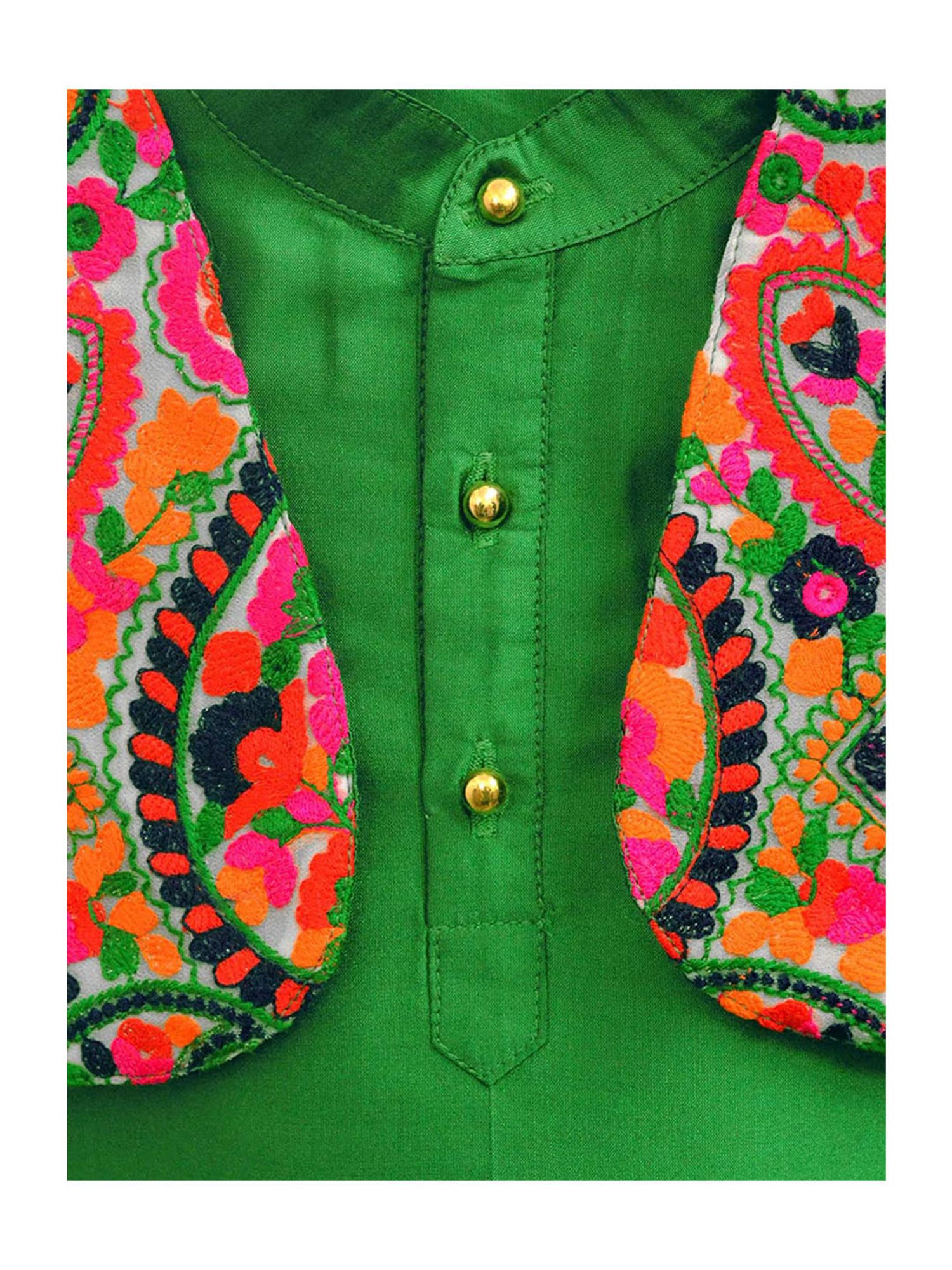 A.T.U.N. Green & White Embroidered Full Sleeves Kurta with Jacket & Pyjamas