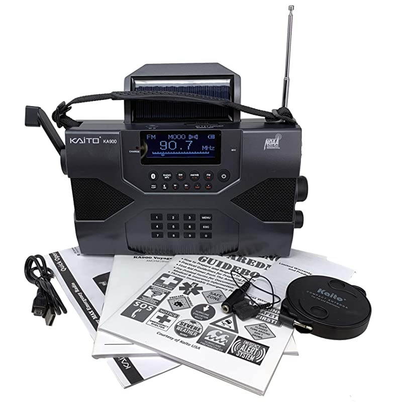 Emergency Radio Voyager Max KA900 Digital Solar Dynamo Crank Wind Up AMFMSW amp NOAA Weather Stereo Radio Receiver with Bluetooth Realtime Alert MP3 Player Recorder amp Phone Charger Black