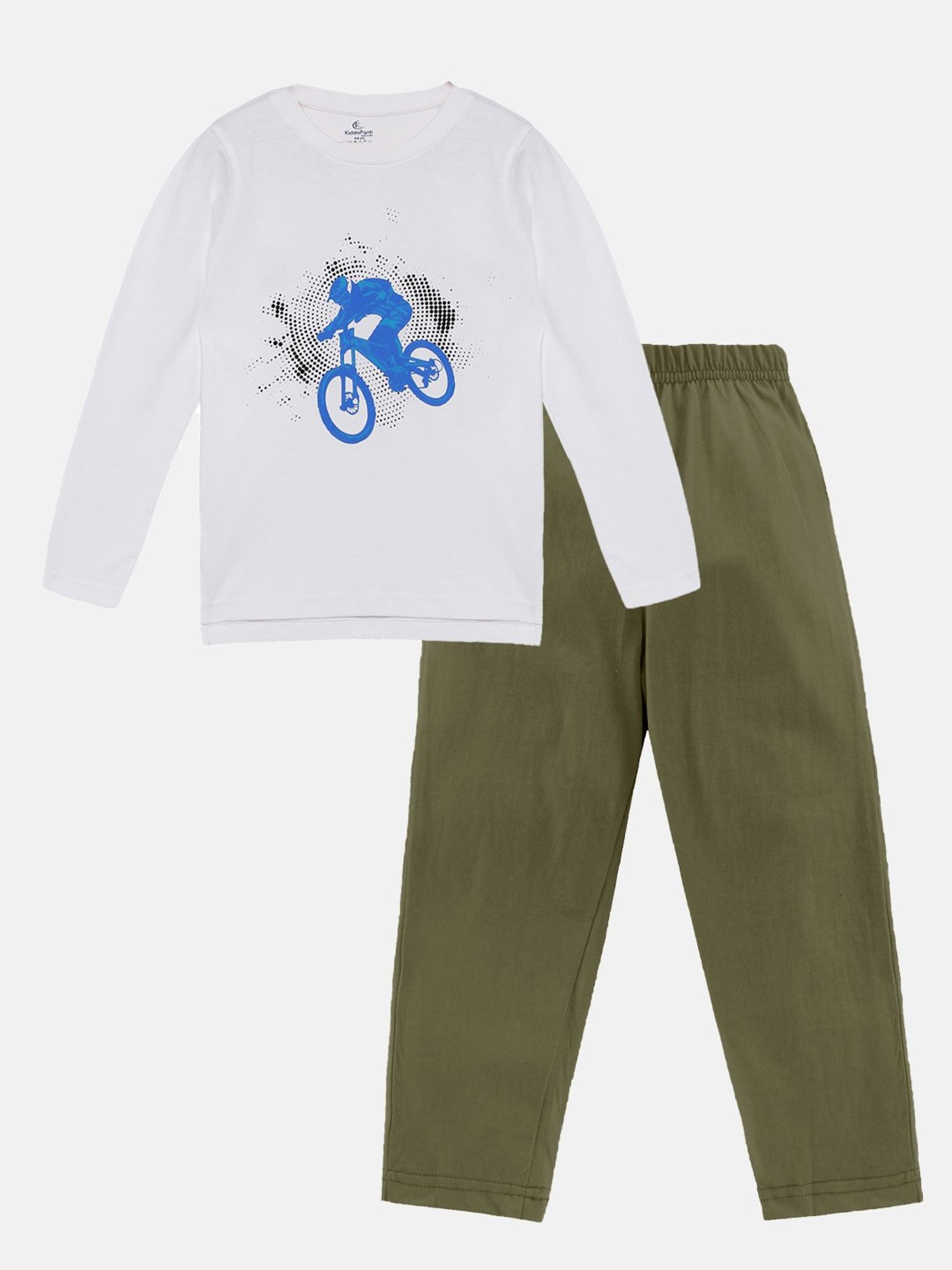 Kiddopanti Kids White & Olive Printed Full Sleeves T-Shirt with Pyjamas