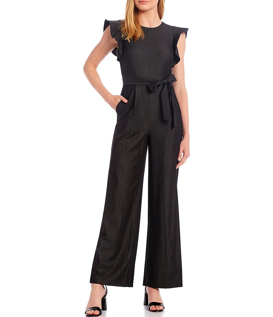 Calvin Klein Round Neck Ruffle Short Sleeve Tie Front Denim Jumpsuit