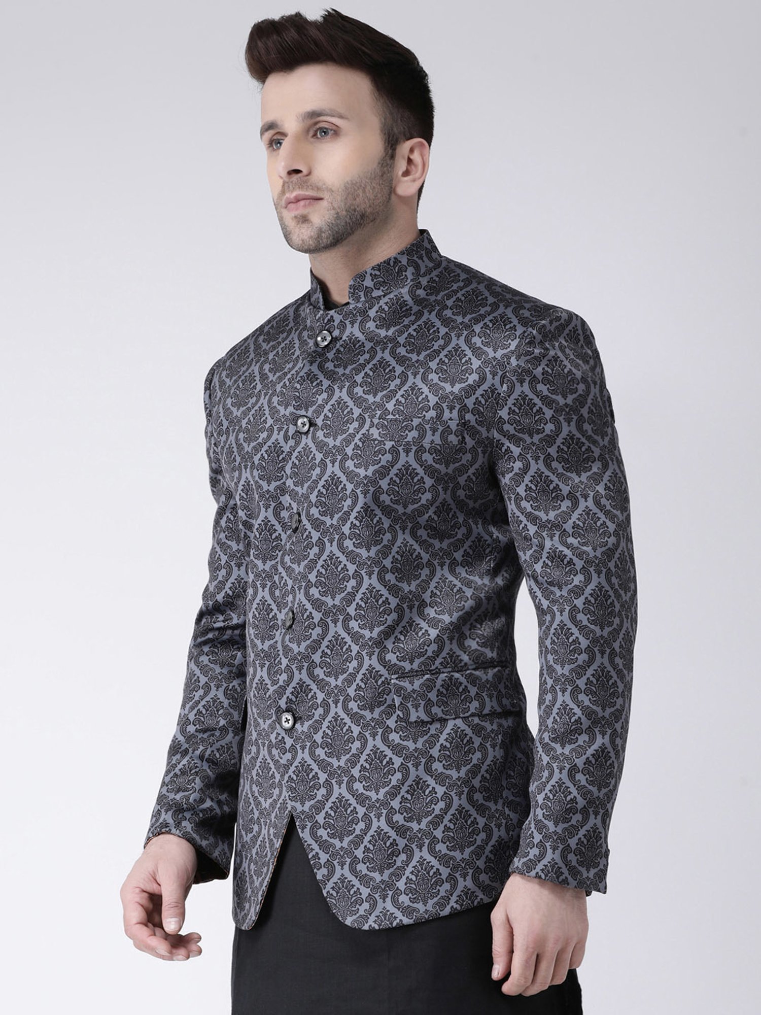 Hangup Plus Black Regular Fit Printed Ethnic Blazer