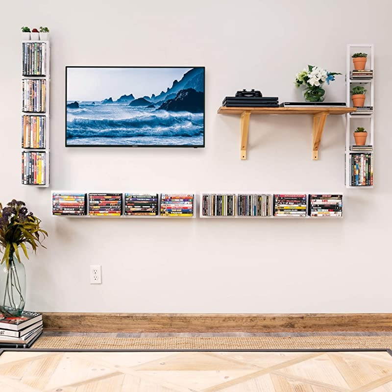 YouHaveSpace Wall Mount 34 Inch Media Storage Rack CD DVD Organizer Metal Floating Shelf Set of 2 White