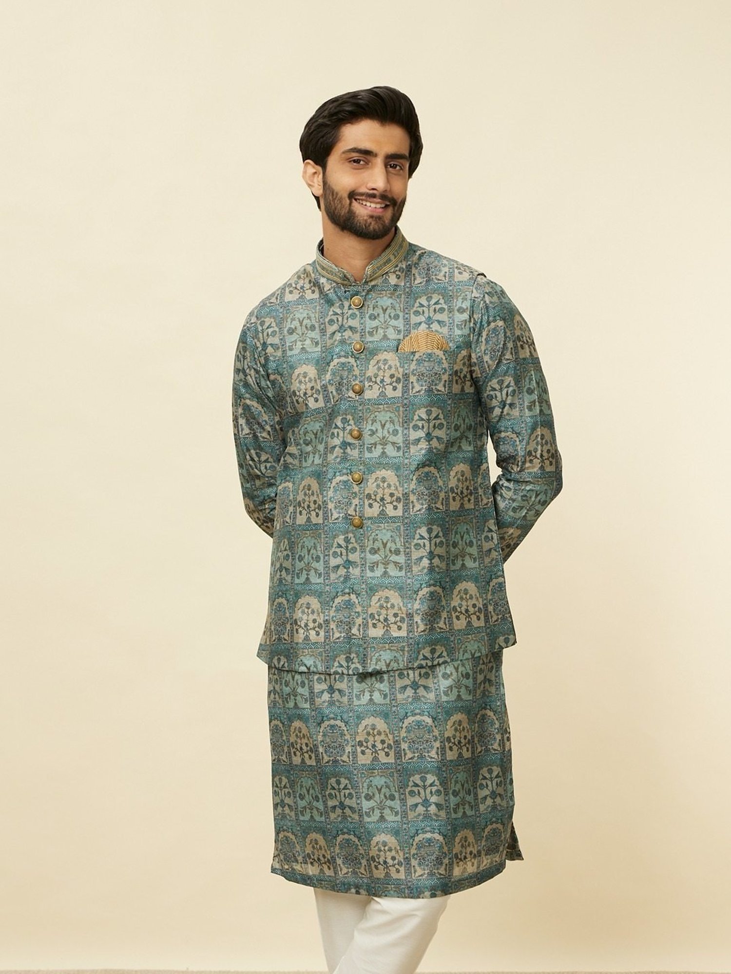 Manyavar Green Regular Fit Printed Nehru Jacket