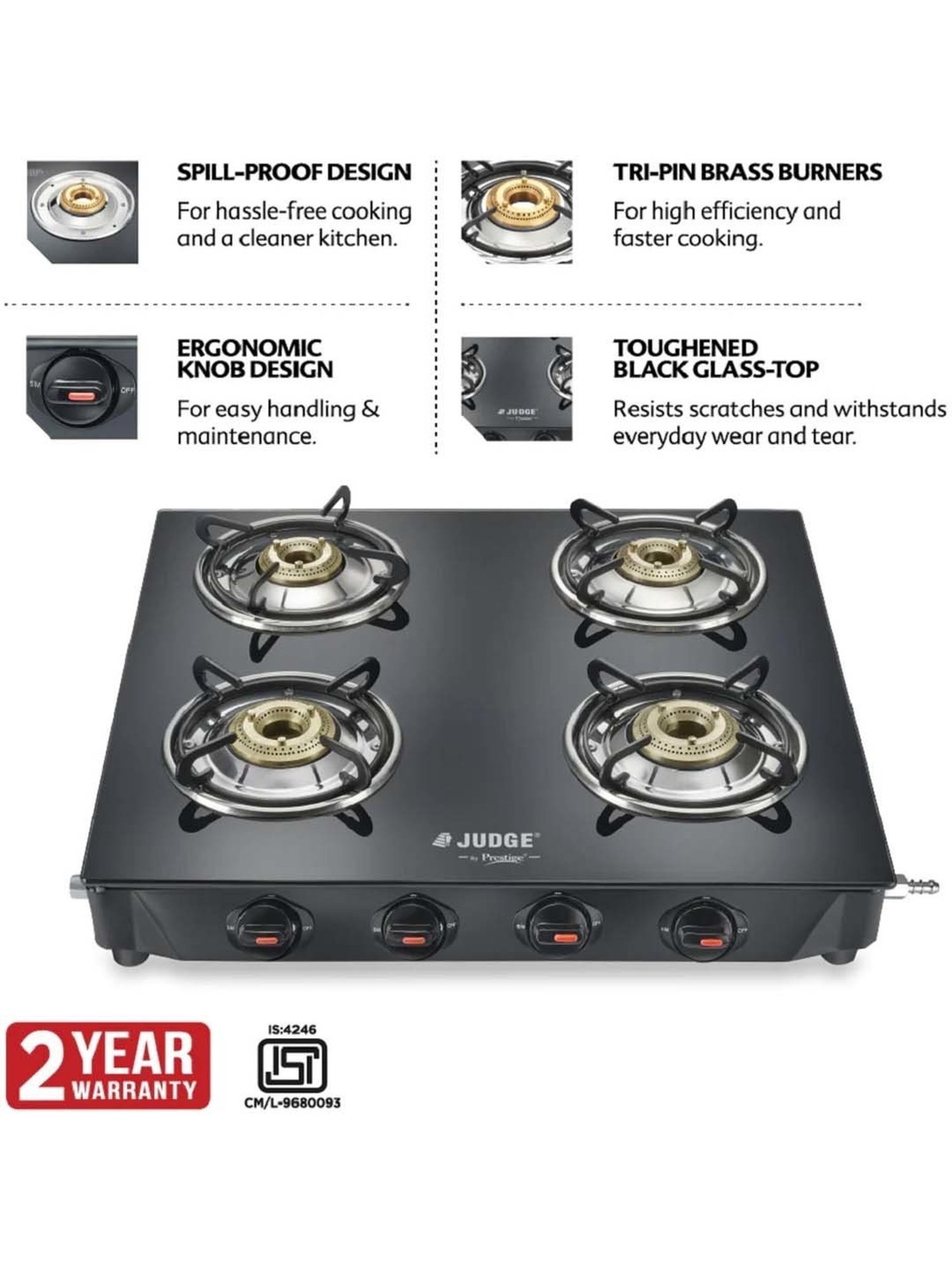 JUDGE Deluxe Black Glass Toughened 4 Burners Gas Stove