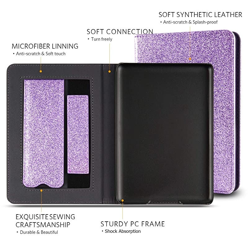 Kindle Paperwhite Case with Stand Durable PU Leather Smart Cover with Auto Sleep Wake Hand Strap Feature ONLY Fits All New Kindle Paperwhite 10th Generation 2018 ReleasedPurple Glitter