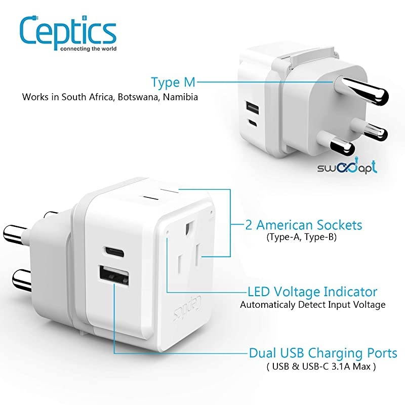 Africa Travel Plug Adapter Set by  Safe Dual USB USBC 31A 2 USA Socket Compact Powerful Use in South Africa Morocco Egypt Includes Type EF Type M Type G Swadapt Attachments