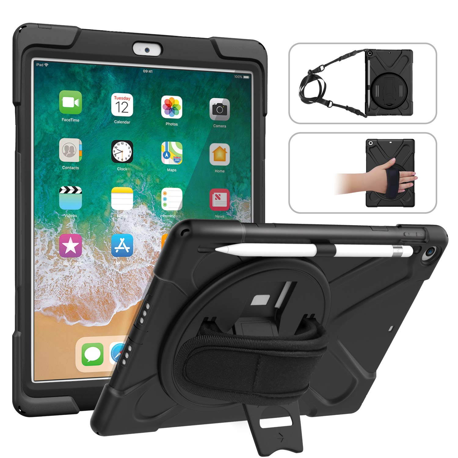 MoKo Fit 2018/2017 iPad 9.7 6th/5th Generation - Shockproof Protection Rugged Protective Heavy Duty iPad Case With 360 Degree Rotate Stand, Hand Strap, Shoulder Strap, Pencil Holder - Black