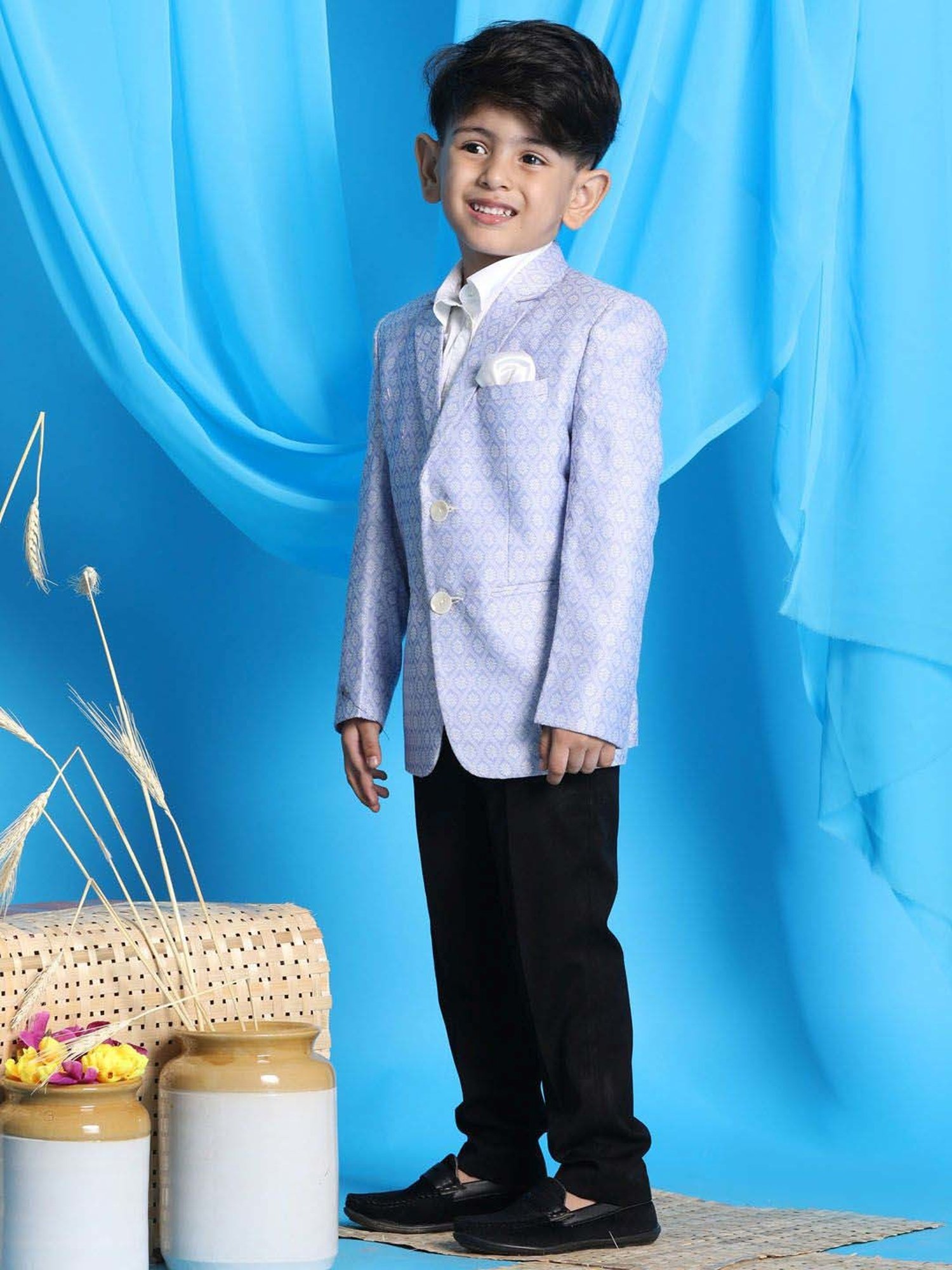 VASTRAMAY Boys Blue Floral Full Sleeves Blazer & Waistcoats