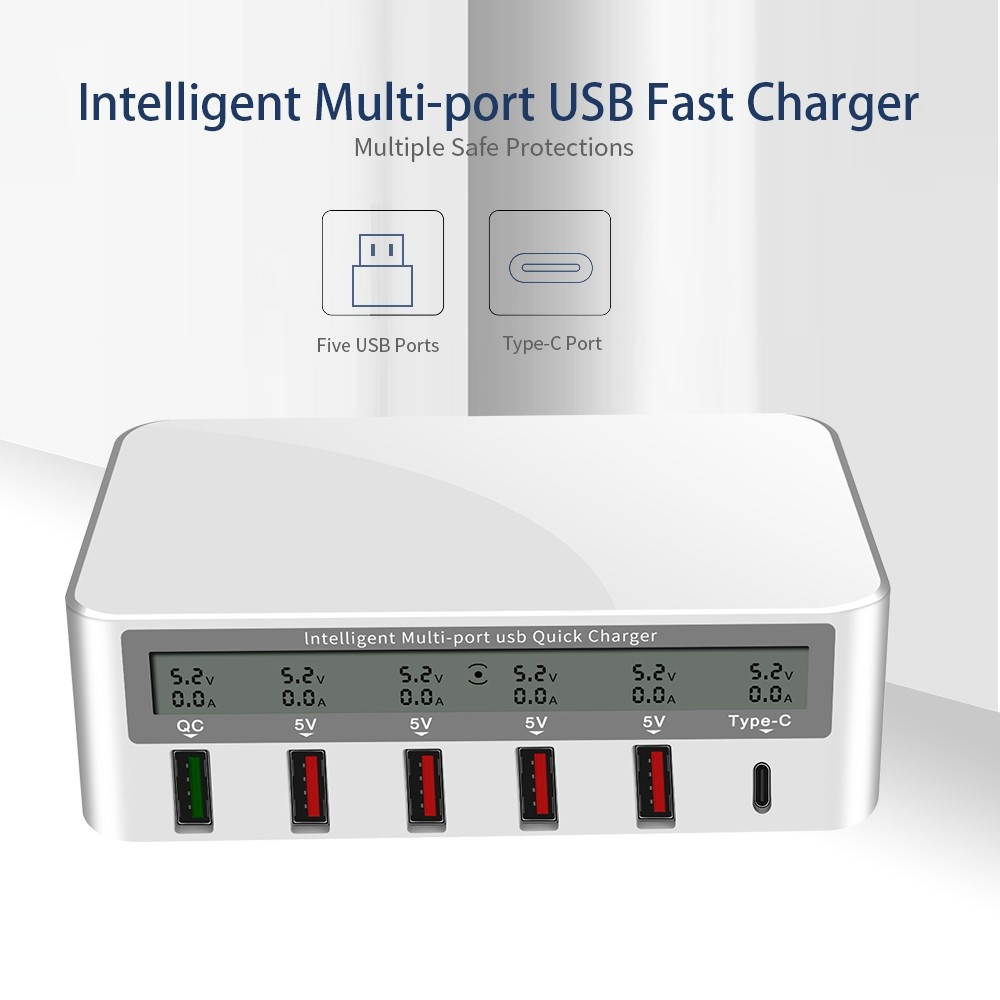 818 Intelligent Multi-port USB Fast Charger Adaptive LCD Display Quick Charge QC 3.0 Type-C Port EU Plug
