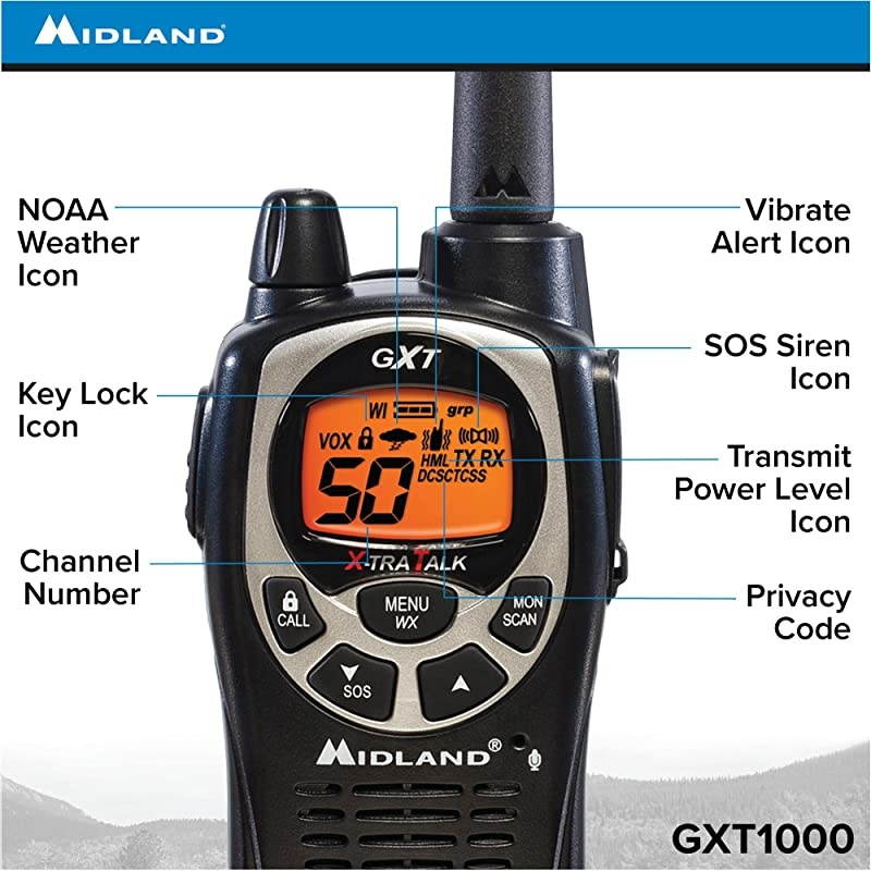 GXT1000VP4 50 Channel GMRS TwoWay Radio Up to 36 Mile Range Walkie Talkie 142 Privacy Codes Waterproof NOAA Weather Scan + Alert Pair Pack BlackSilver