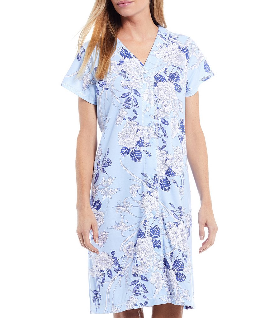 Miss Elaine Robe Floral Print Interlock Knit Grip-Front Robe