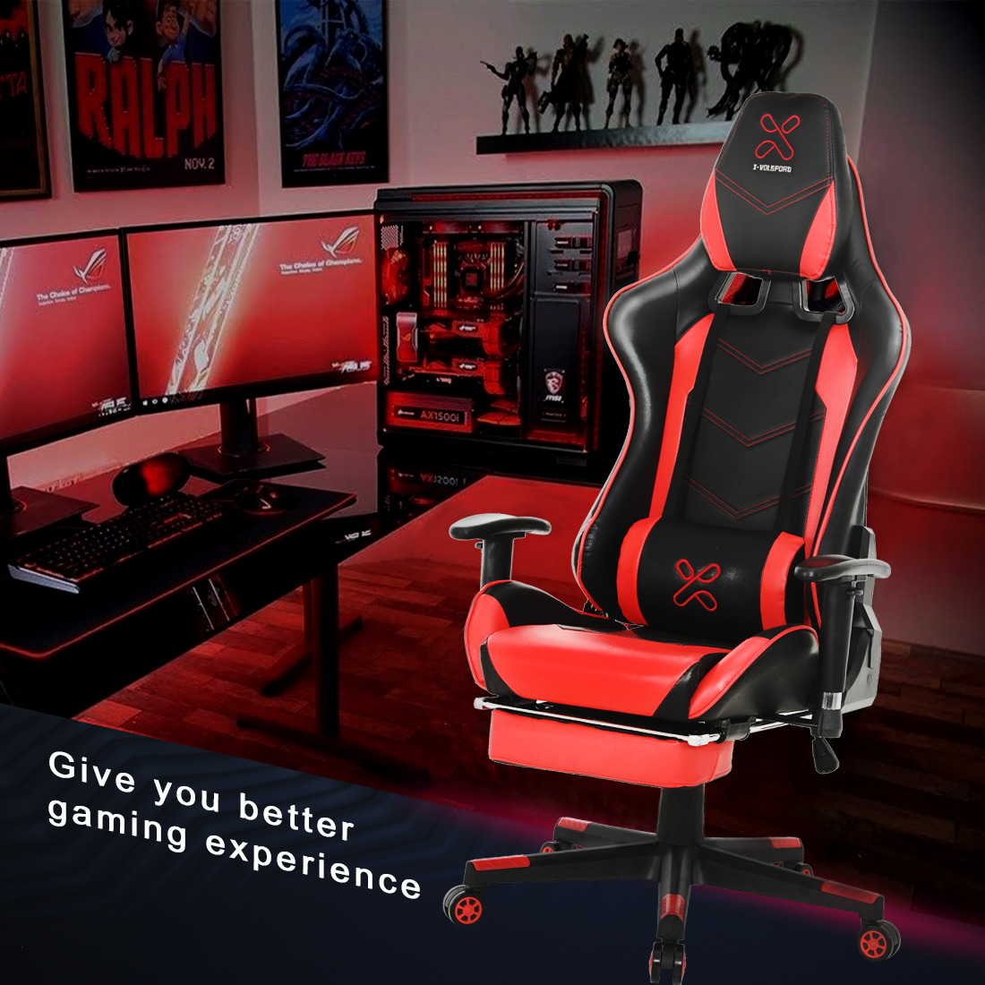 X-VOLSPORT Gaming Chair Office High Back Chair with Footrest, Racing Style PU Leather Ergonomic Computer Video Game Chair with Headrest and Lumbar Massage