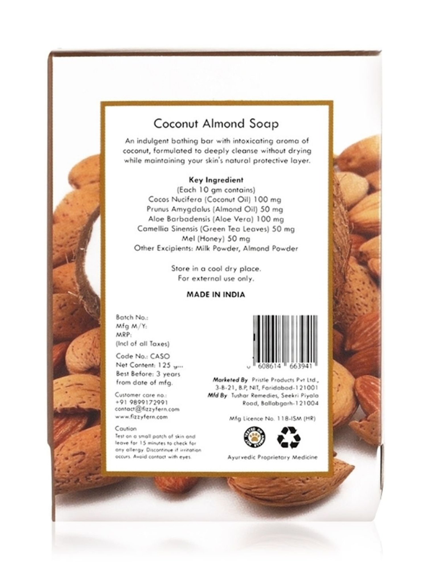 Fizzy Fern Coconut Almond Soap With Milk & Honey - 125 gm