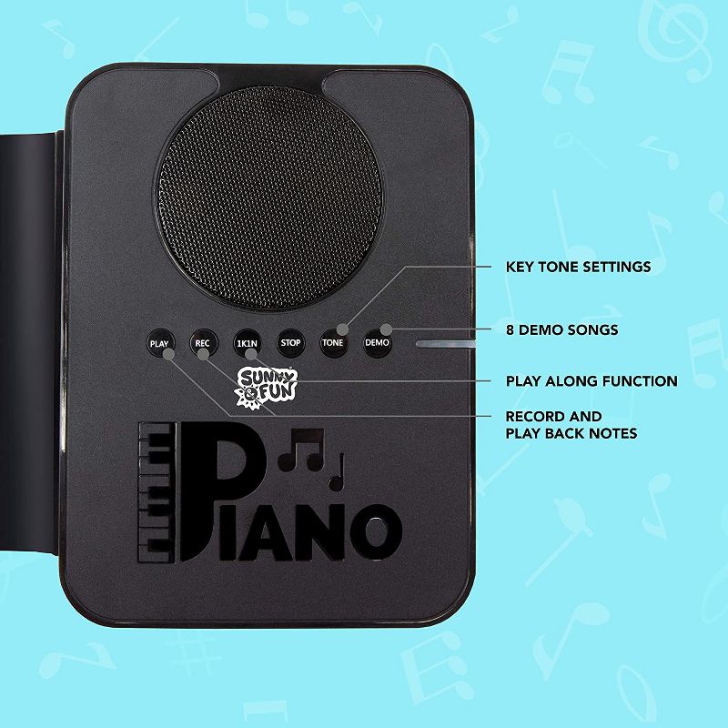 Sunny & Fun 37-Key Roll-Up Piano with Speaker | Battery Operated Portable Electronic Keyboard with 10 Instrument Sounds, 8 Demo Songs, Play-Along Mode, USB Cable & Carry Case