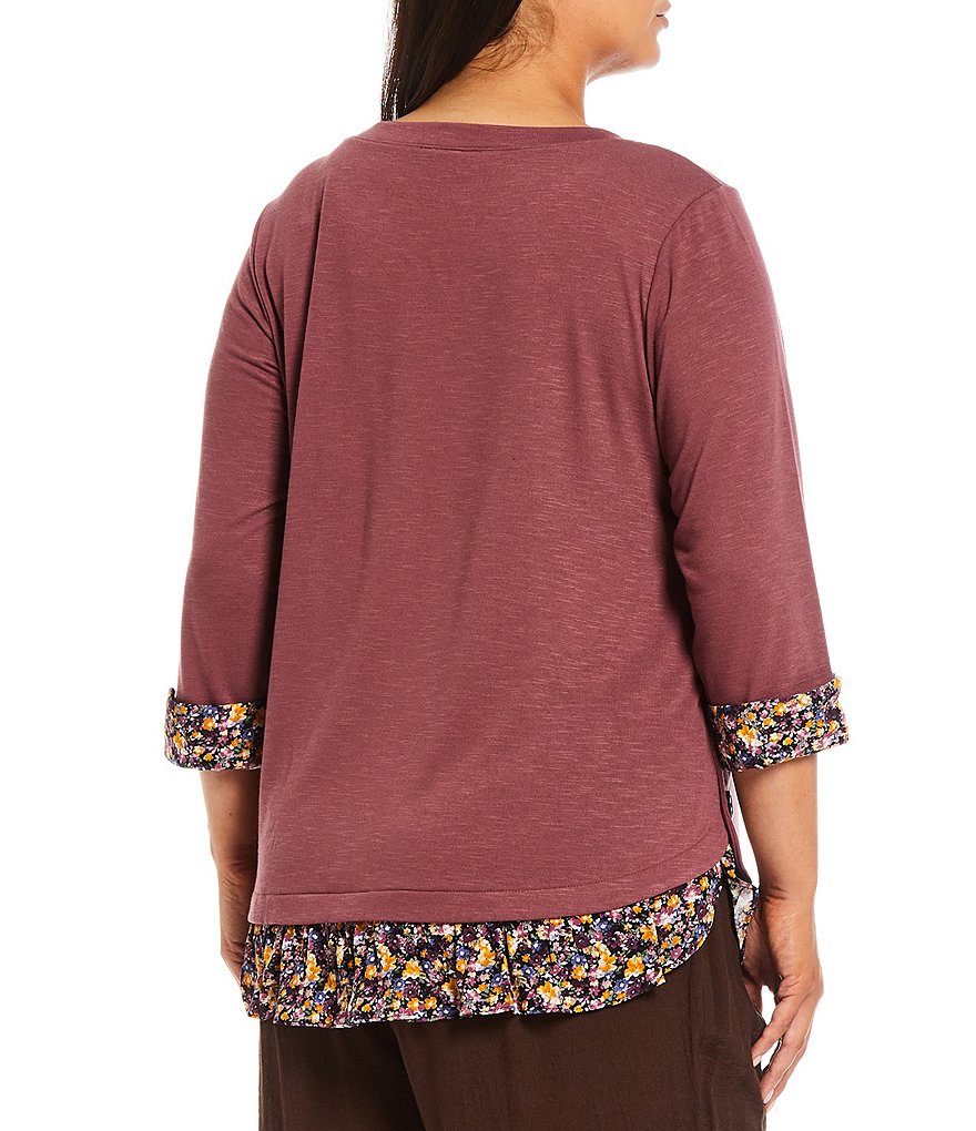 I.N. Studio Plus Size Hacci Knit Jewel Neck 3/4 Sleeve Floral Print Trim Side Button Hem Detail Twofer Top