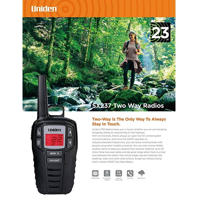 SX2372CK Up to 23Mile Range FRS TwoWay Radio Walkie Talkies with Rechargeable Batteries amp Dual Charging Cradle 22 Channels 121 Privacy Codes NOAA Weather Channels + Alerts Black