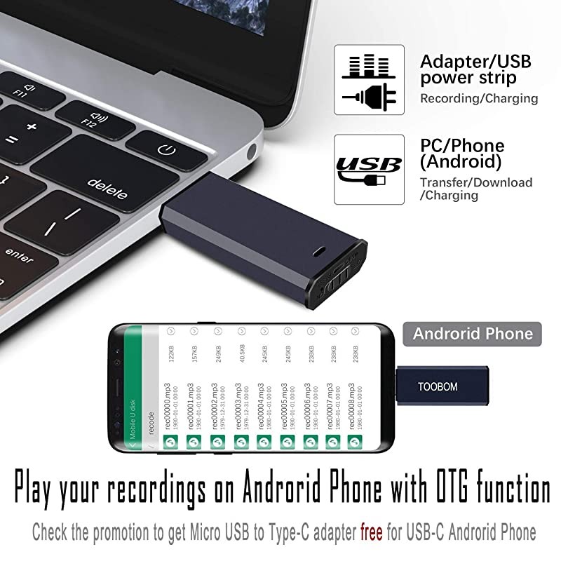 Mini USB Voice Recorder for Lectures USB and Micro USB 2 in 1 Digital Audio Recorder 8GB Mac Compatible and Android OTG Metal Body Small USB Dictaphone Recording DeviceUSB Rechargeable