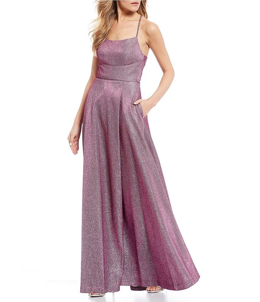 Morgan & Co. Spaghetti Strap Square-Neck Shimmer Ball Gown