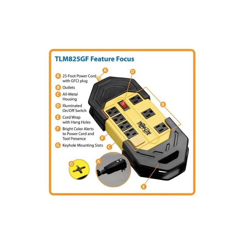 8 Outlet Safety Power Strip, 25ft Cord with GFCI 5-15P Plug, Hang Holes (TLM825GF)