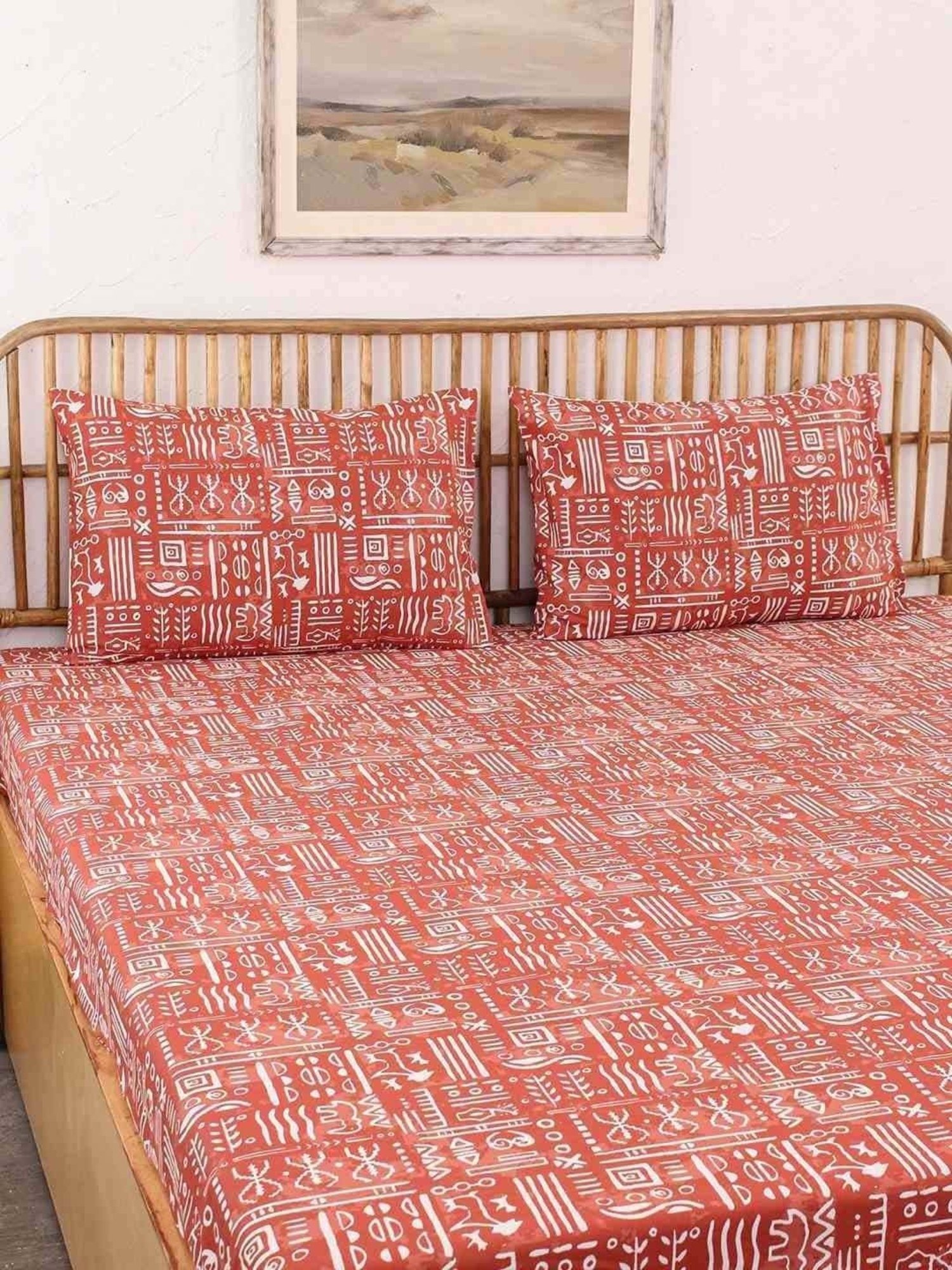 House This Gamathi Rust Cotton 144 TC Single Size Bedsheet With Pillow Covers