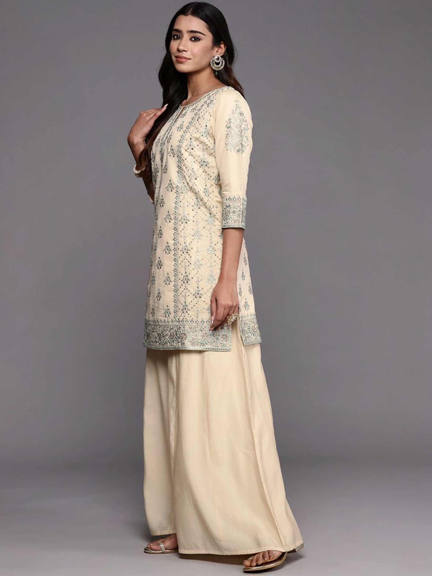 Libas Art Beige Embroidered Kurti Palazzo Set With Dupatta