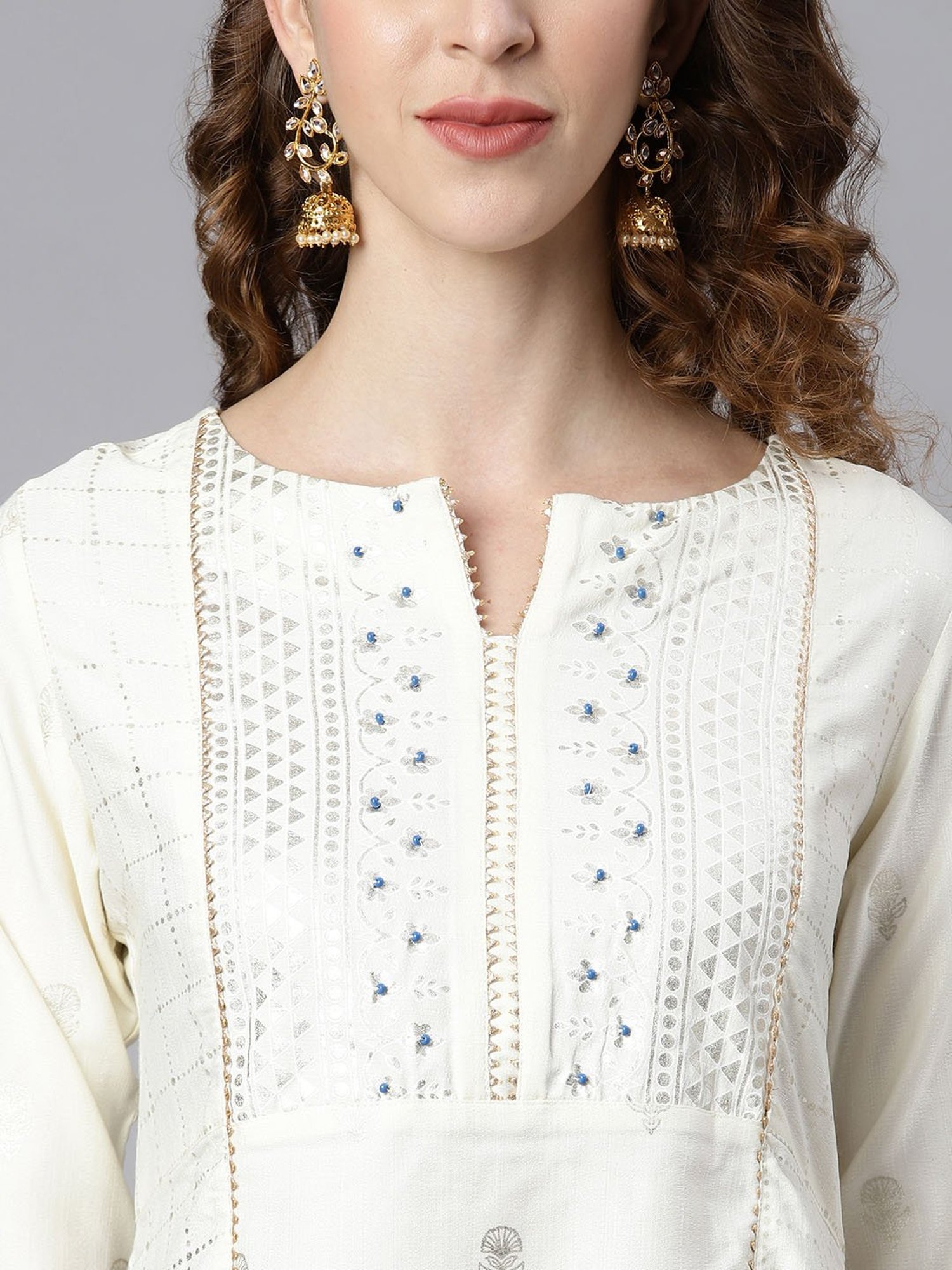 Janasya White & Blue Round Neck Kurta With Palazzo & Dupatta