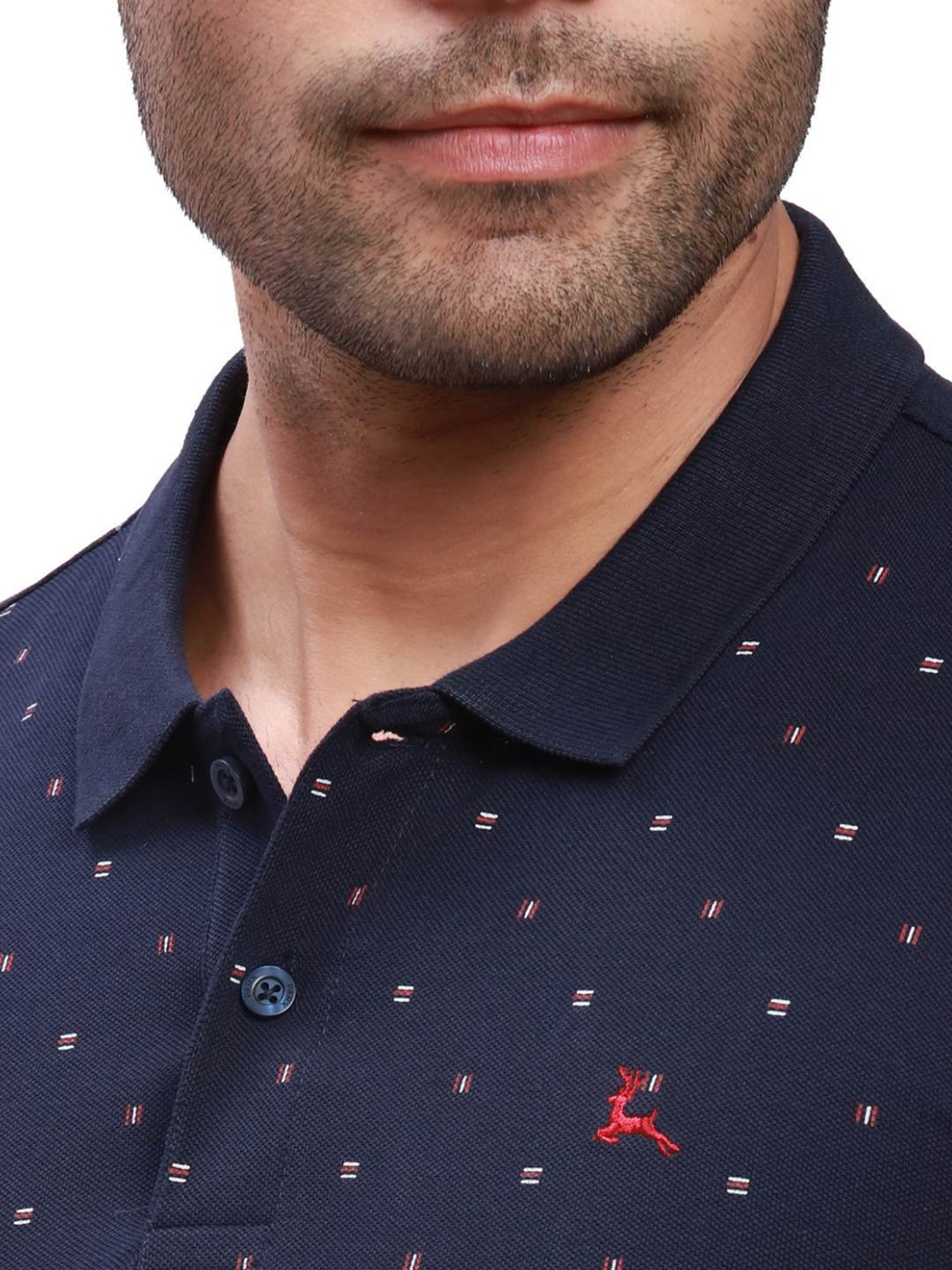 Parx Navy Cotton Regular Fit Printed Polo T-Shirt