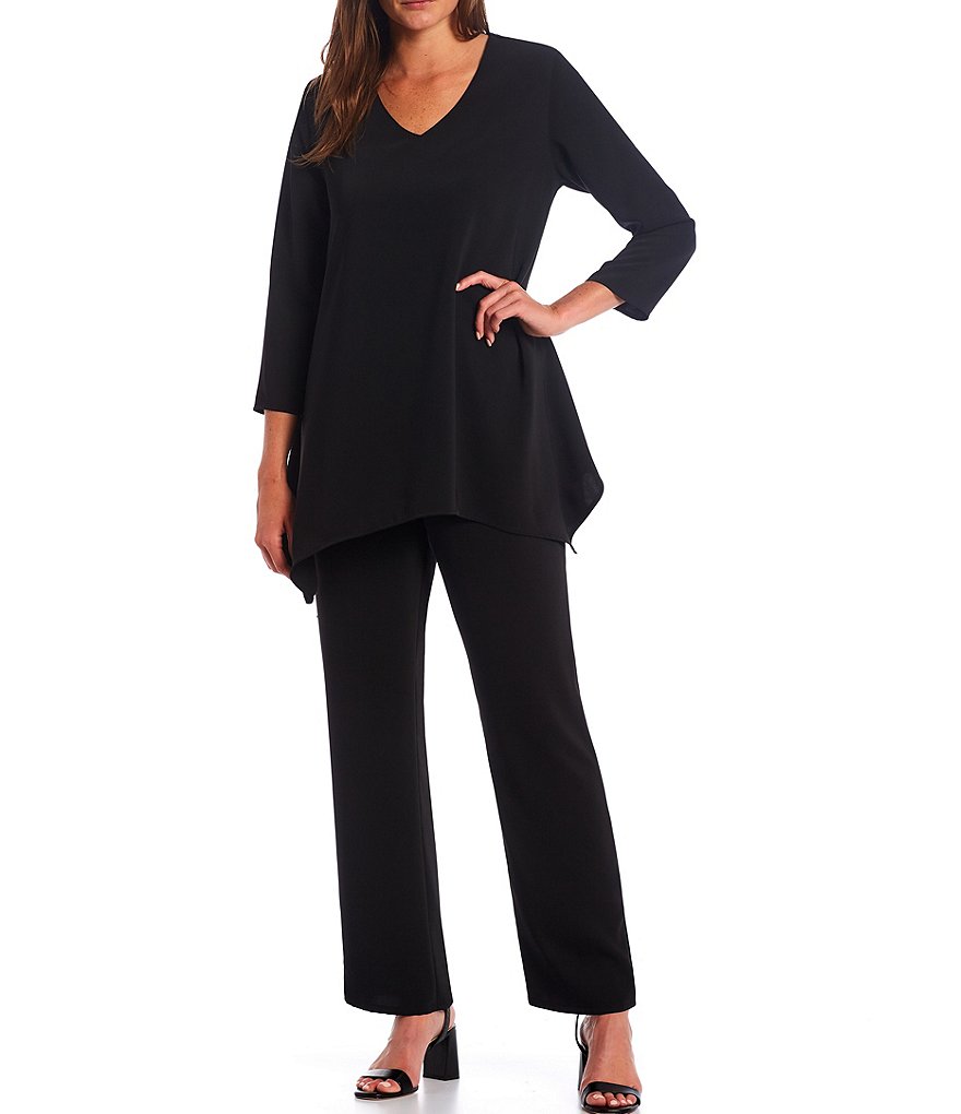 Caroline Rose Matte Crepe V-Neck 3/4 Sleeve Side Drape Swing Tunic