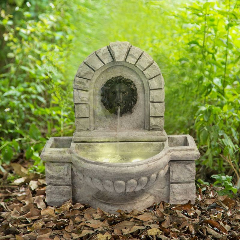 27.5" Lion Head Outdoor Wall Fountain with Planters and LED Light Gray - Peaktop