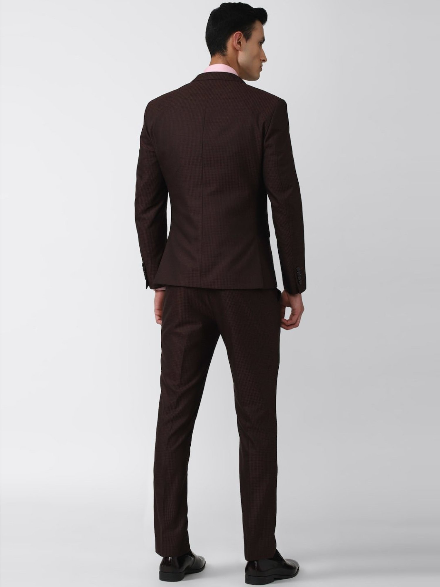 V Dot Brown Skinny Fit Checks Three Piece Suit