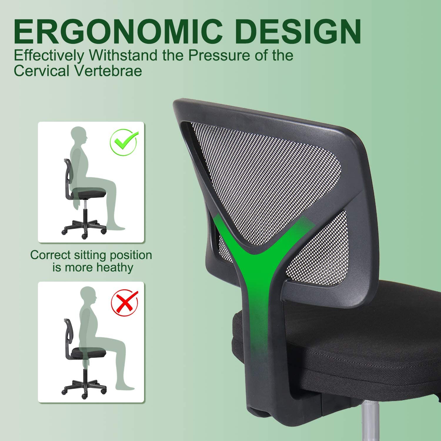 Office Mesh Chair without Armrests, Black Swiveling Task Chair, Computer Desk Chair for Home and Office Use, 19.29" (L) x 7.28" (W) x 18.70" (H), Black