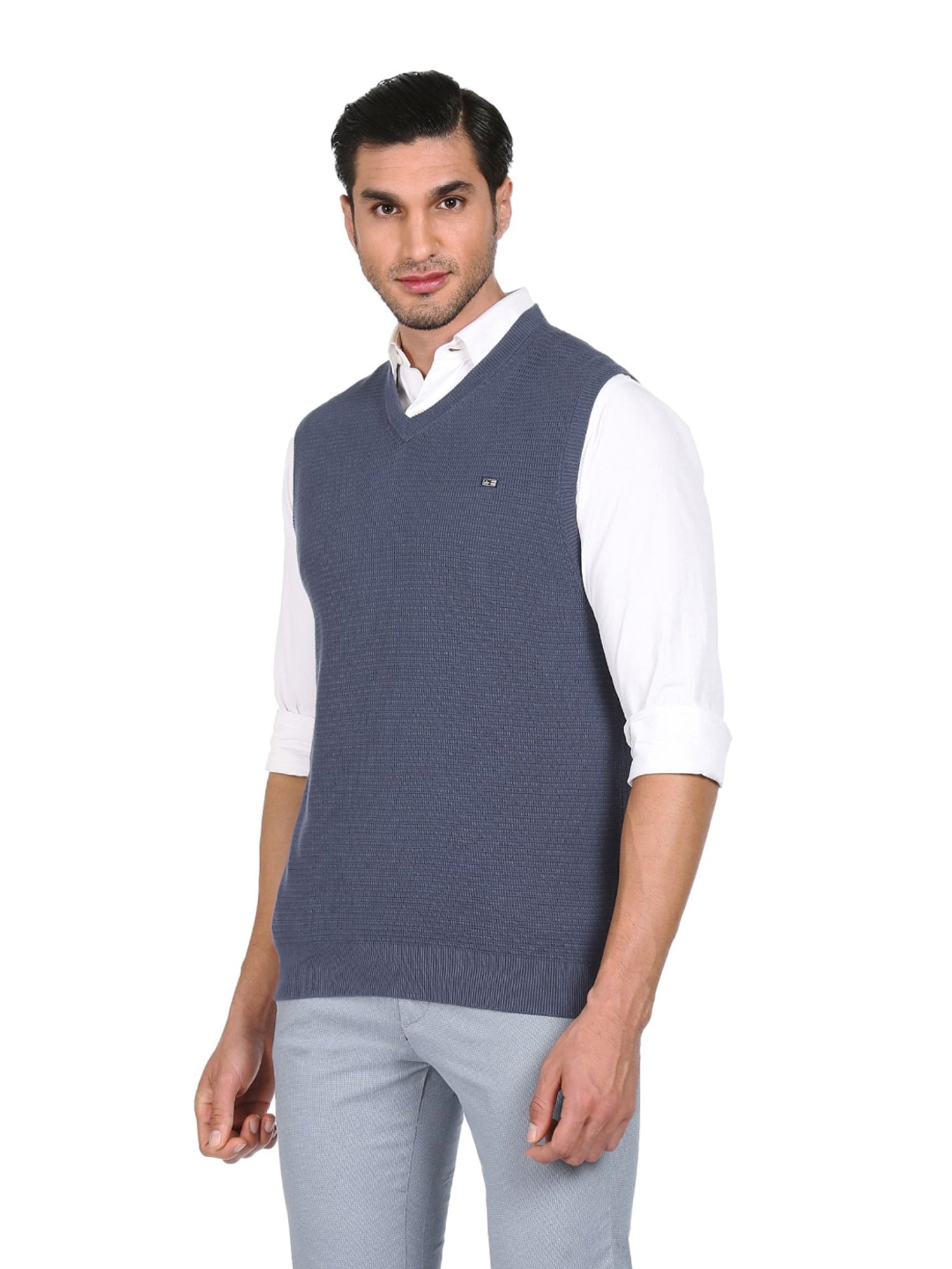 Arrow Sport Blue Cotton Regular Fit Self Pattern Sweaters