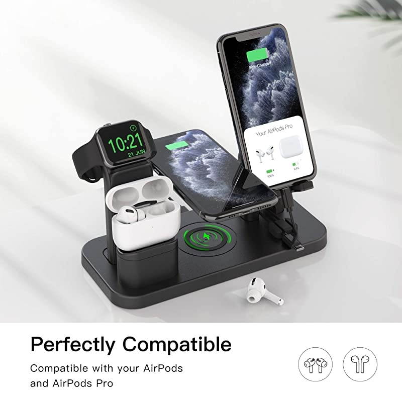 Wireless Charger Stand,  4 in 1 Wireless Charging Station Dock Compatible with iPhone Series12/11/11pro/Xr/Xs/X/Max/8/8Plus Apple Watch6/5/4/3 AirPods Pro/1/2(iWatch Charger Required)