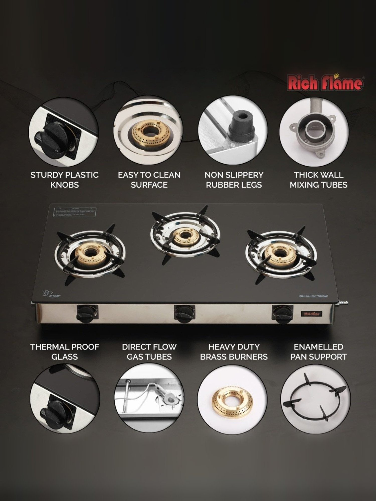 RICHFLAME Gas Stove with 3 Burners ( Black )