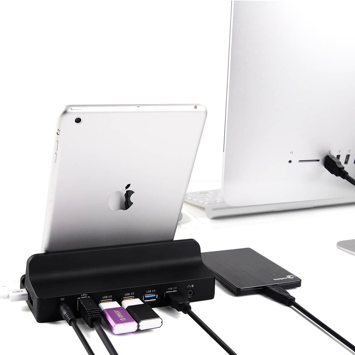 ORICO 4 Port USB3.0 HUB Universal Docking Station and 2 USB Charging Ports with Phone Stand for Surface 3.3Ft. USB3.0 Cable 12V Power Adapter for Desktop /Laptop /Notebook - Black