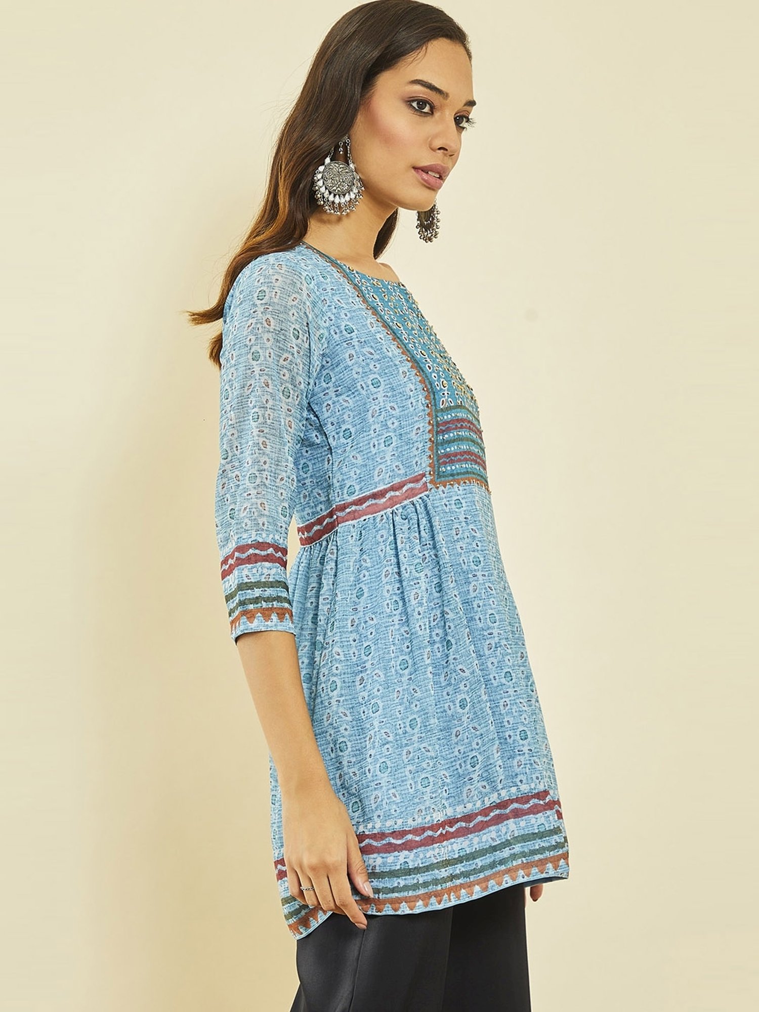 Soch Turquoise Blue Georgette Floral Print Round-Neck Tunic with Beadwork
