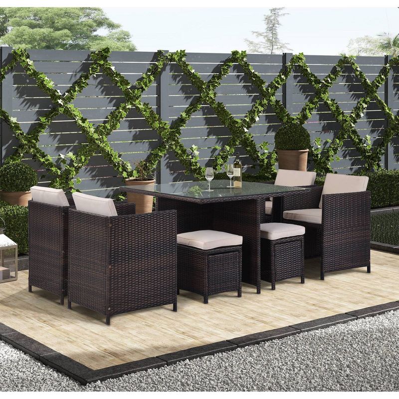 9pc Rattan Wicker Patio Conversation Set with Ottoman & Cushions - Art Leon