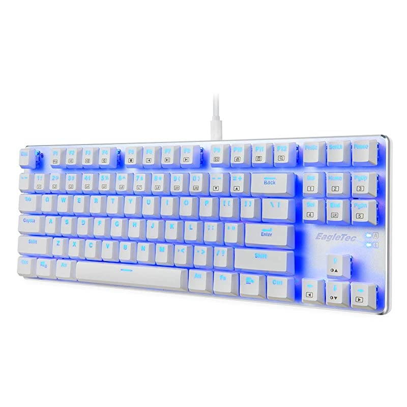 KG061-BR Blue LED Backlit Mechanical Gaming Keyboard Low Profile Mechanical Gamers Keyboard 87 Key Mechanical Computer USB Gaming Keyboard for PC Quiet Cherry Brown Switches (White Version)