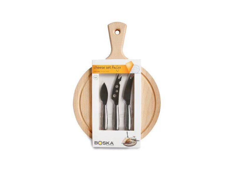 Boska 4pc Set of Stainless Steel Cheese Knives & Beechwood Cheese Board Set