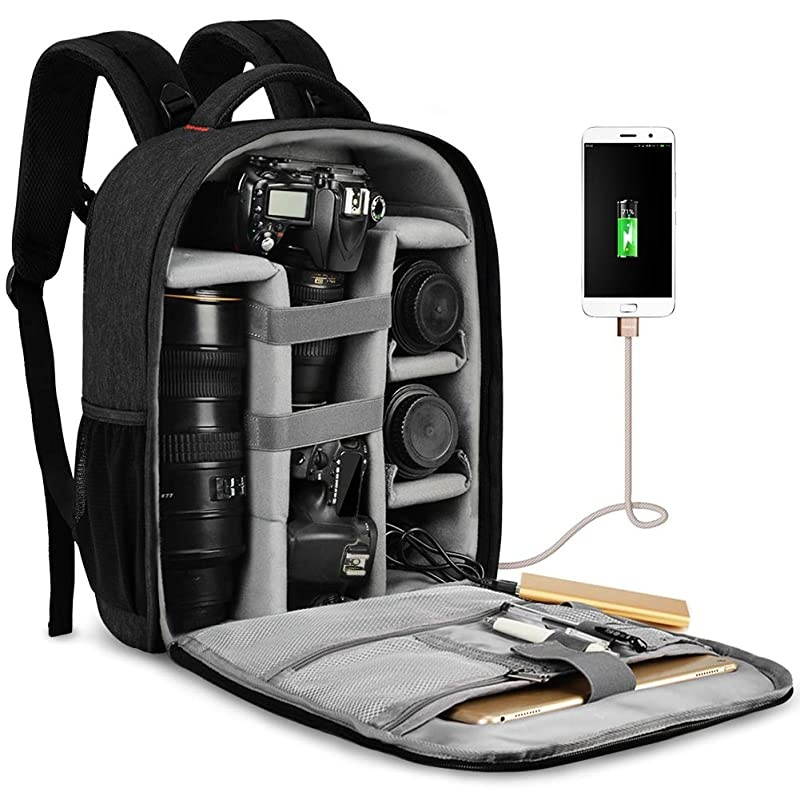 Waterproof DSLR Camera Bag Backpack Professional Large Camera Backpack with Laptop Compartment 14",Tripod Holder, USB Charging and Rain Cover for Nikon Canon Sony Mirrorless Cameras and Lenses