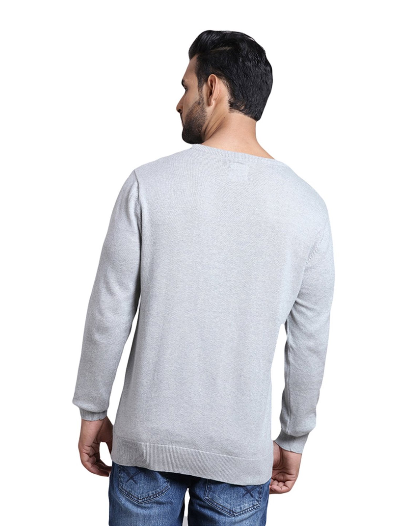 ColorPlus Grey Cotton Tailored Fit Self Pattern Sweater