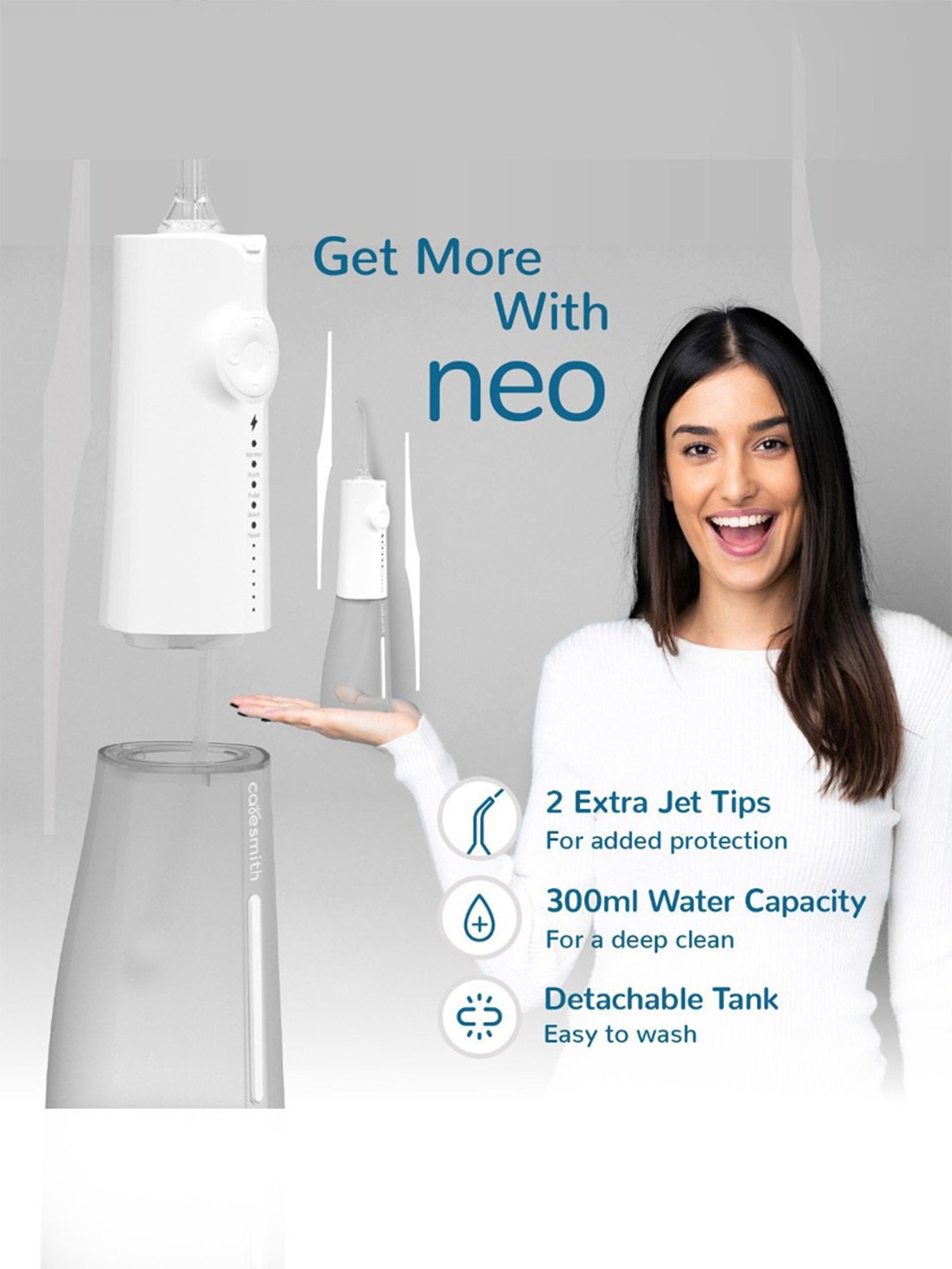 Caresmith Neo Cordless Oral Flosser 24 Pressure Settings with 5 Modes & 6 Intensities (White)