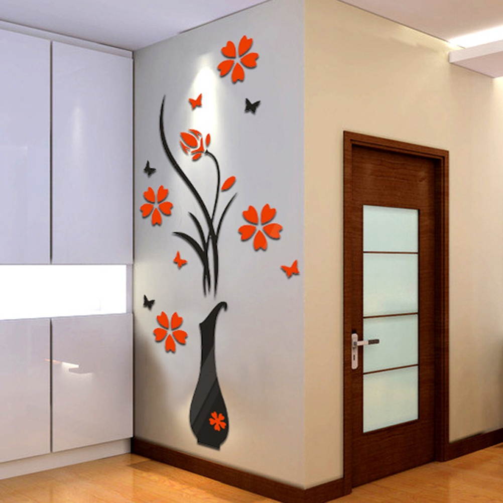 Removable 3D Plum Vase Wall Stickers Living Room TV Background Wall Decals Mural Home Decor Size XS (PV-001)