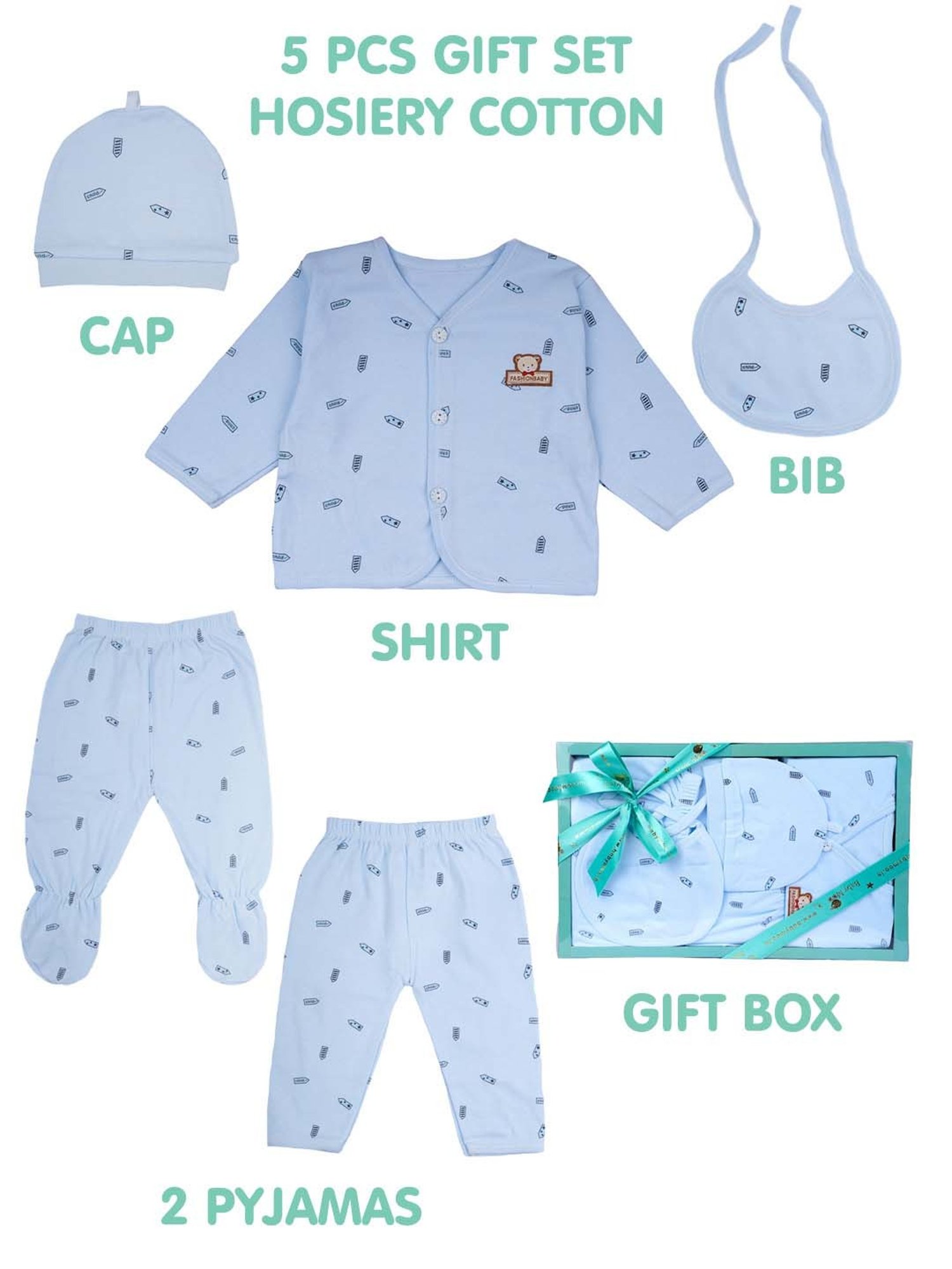 Baby Moo Kids Blue Printed Full Sleeves T-Shirt Set