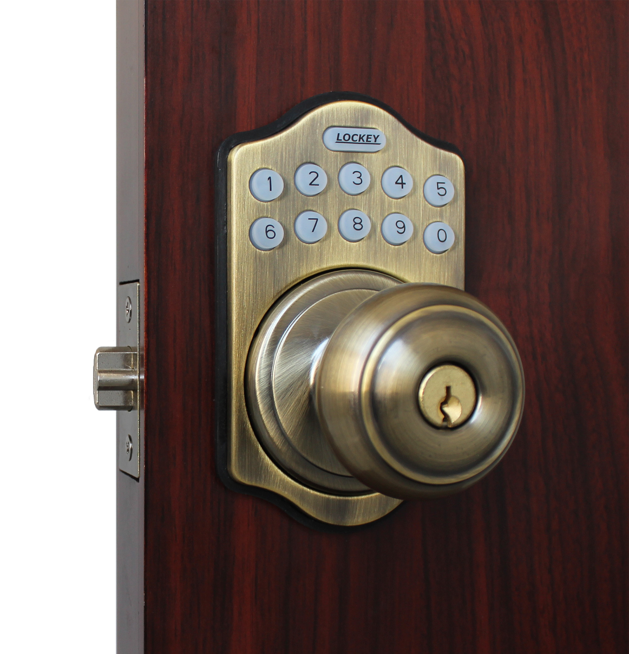 LockeyUSA E930AB Electronic Push Button Digital Door Lock, Access Control, Combination, Remote Capable, Keyless Knob Lock with Keypad Access in Antique Brass