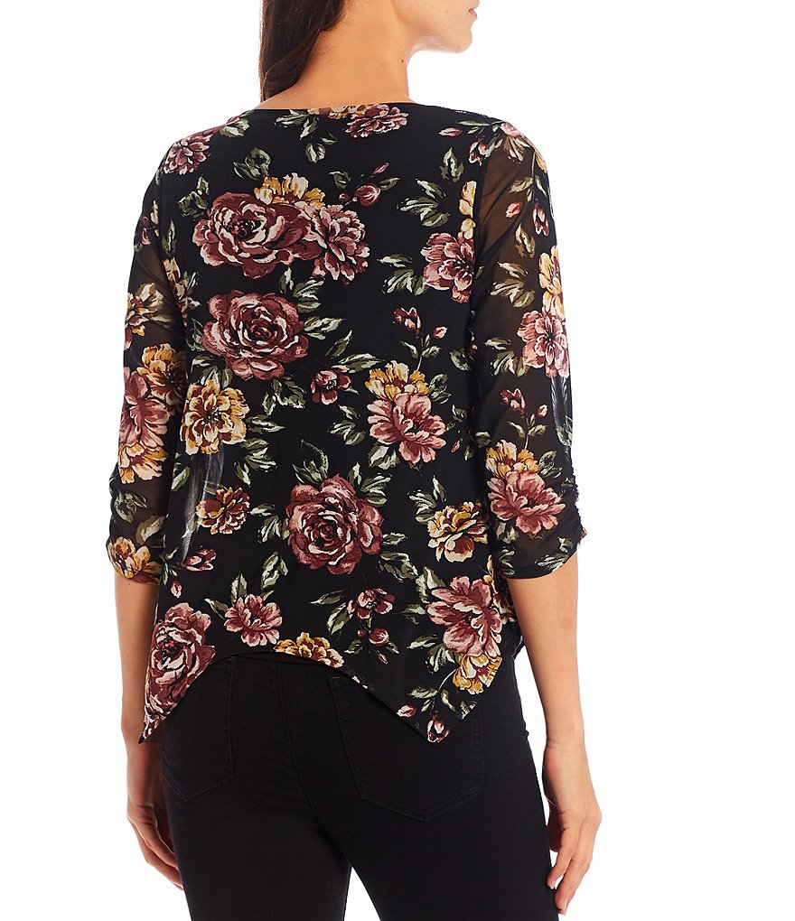 I.N. Studio Floral Print Mesh Overlay V-Neck 3/4 Ruched Sleeve Split Front Hem Detail Popover Top