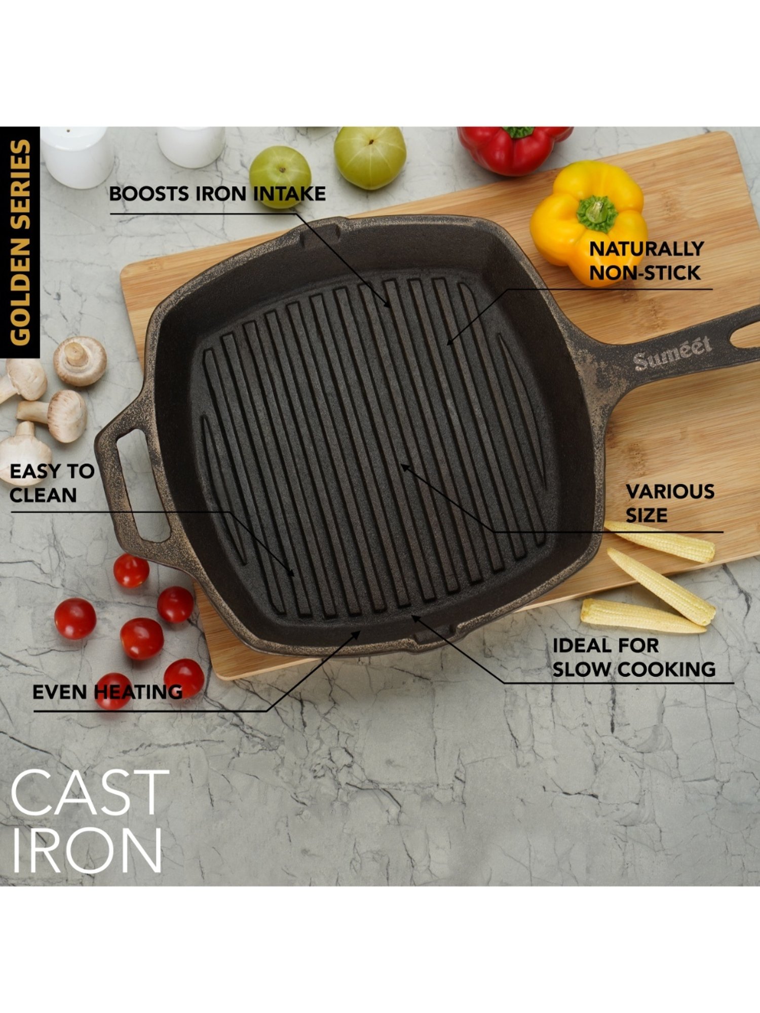 Sumeet Gold Pre Seasoned Cast Iron Grill Pan for Grill/Roast-28cm,3.180kg,Gas&Induction-Friendly