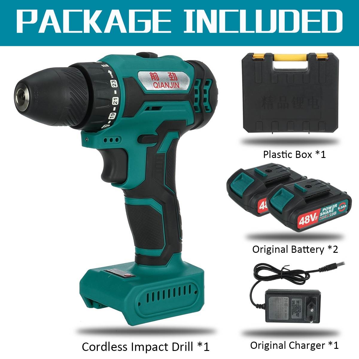 48VF Brushless High Power Torque Drill 2 Speed Rechargable Electric Screwdriver Drill With None/1/2 Pc Battery-Two Batteries